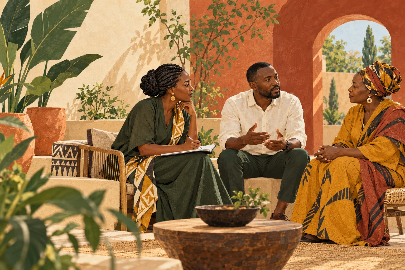 Illustration of three African adults listening and sharing ideas in a sunlit courtyard.
