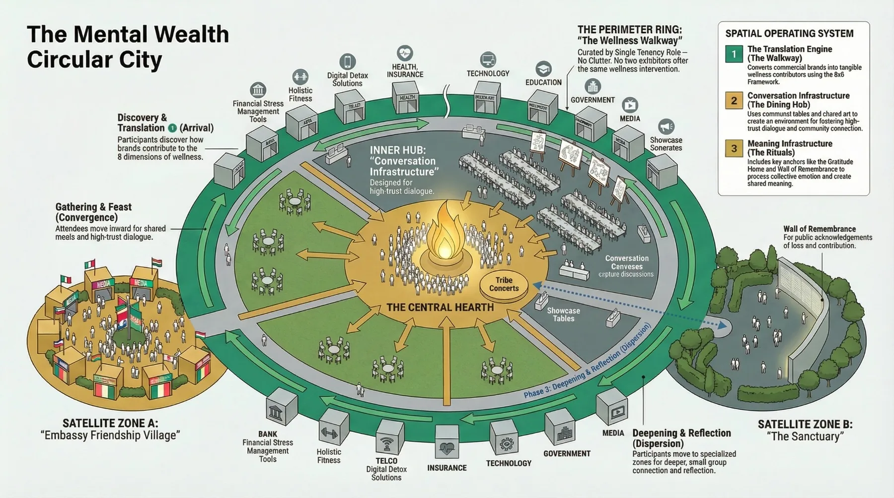 Mental Wealth Circular City visual showing zones, pathway rings, conversation infrastructure, and wellness contributors