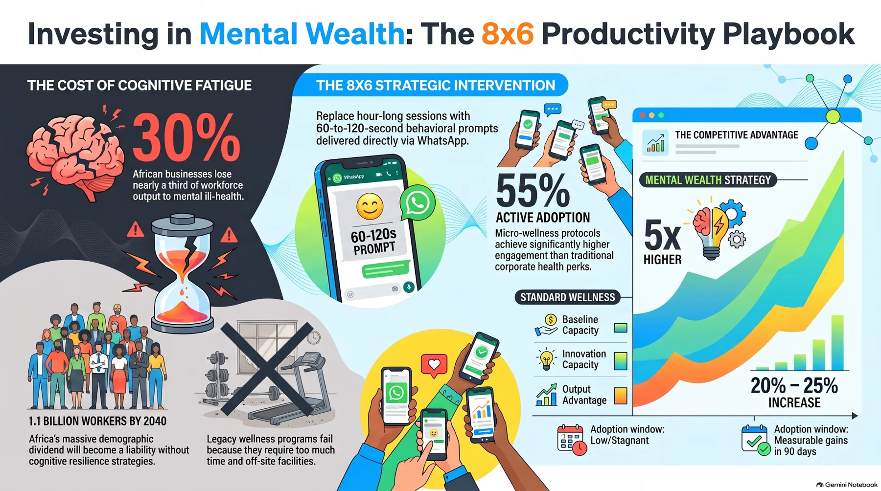 Investing in Mental Wealth productivity playbook visual with WhatsApp prompts and performance gains